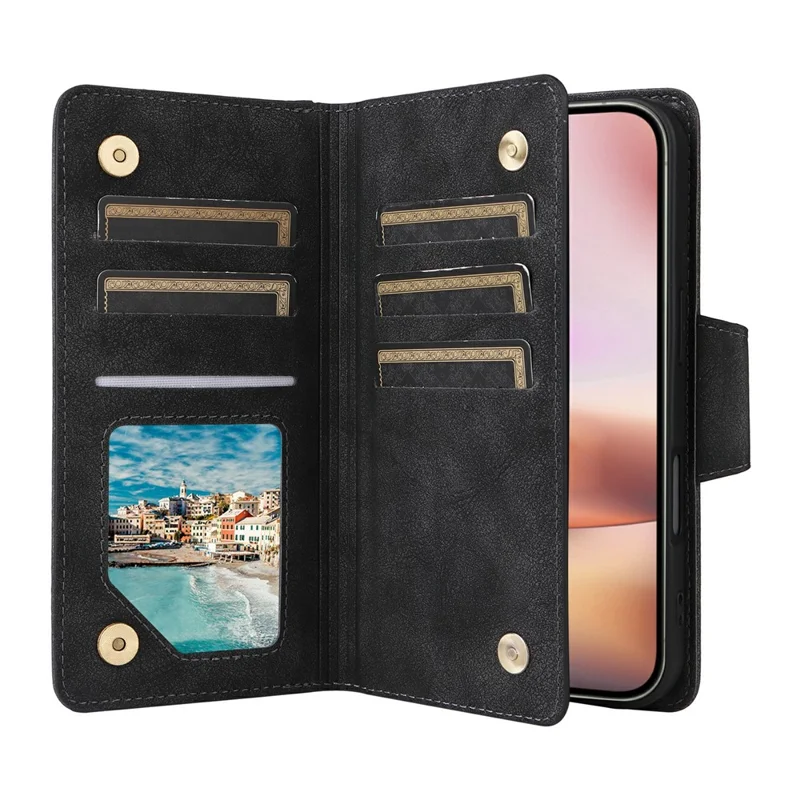 For iPhone 17 Case Zipper Wallet Rivet Decor Leather Phone Cover with Wrist Strap - Black