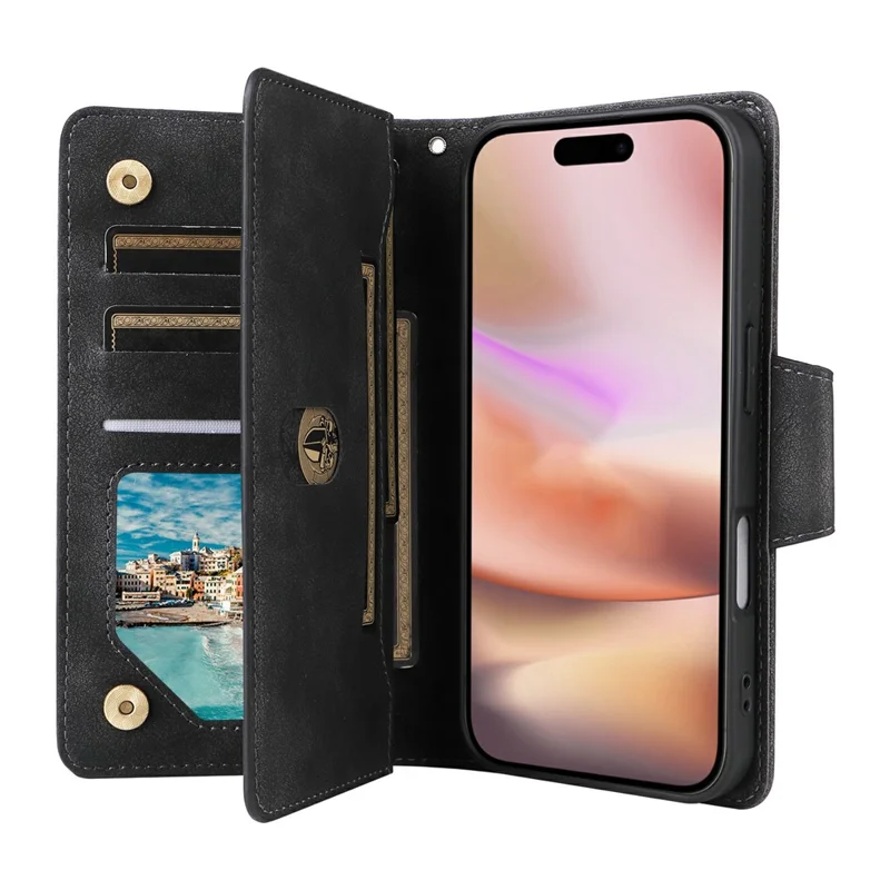 For iPhone 17 Case Zipper Wallet Rivet Decor Leather Phone Cover with Wrist Strap - Black