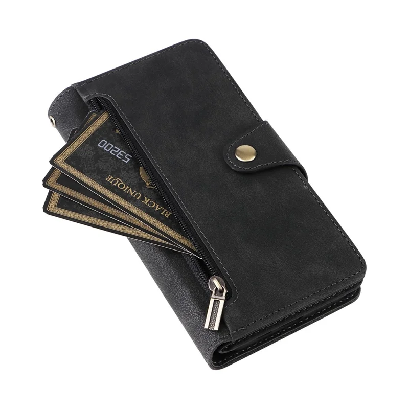 For iPhone 17 Case Zipper Wallet Rivet Decor Leather Phone Cover with Wrist Strap - Black