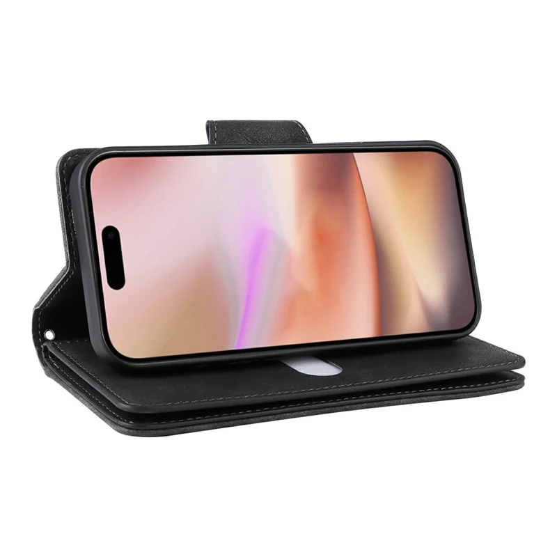 For iPhone 17 Case Zipper Wallet Rivet Decor Leather Phone Cover with Wrist Strap - Black