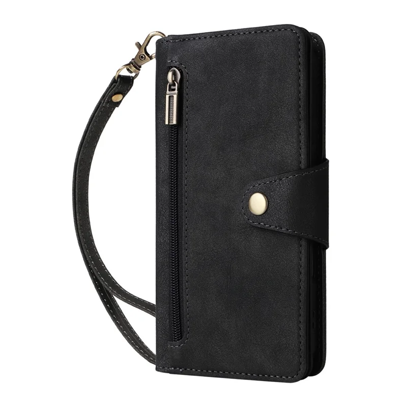 For iPhone 17 Case Zipper Wallet Rivet Decor Leather Phone Cover with Wrist Strap - Black