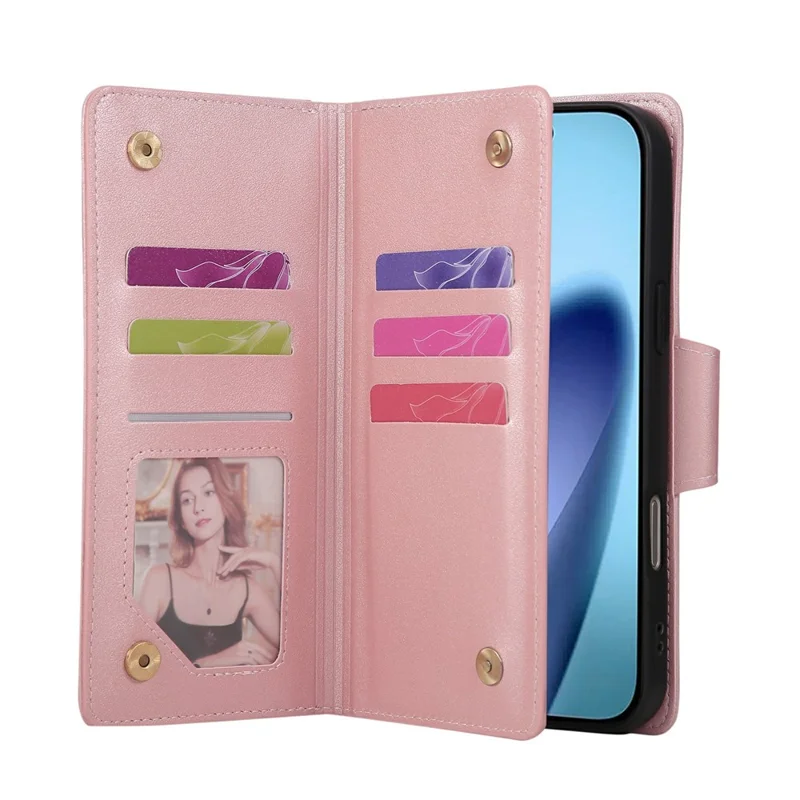 For iPhone 18 Pro Max / 17 Pro Max Case Zipper Wallet Rivet Decor Leather Phone Cover with Wrist Strap - Rose Gold