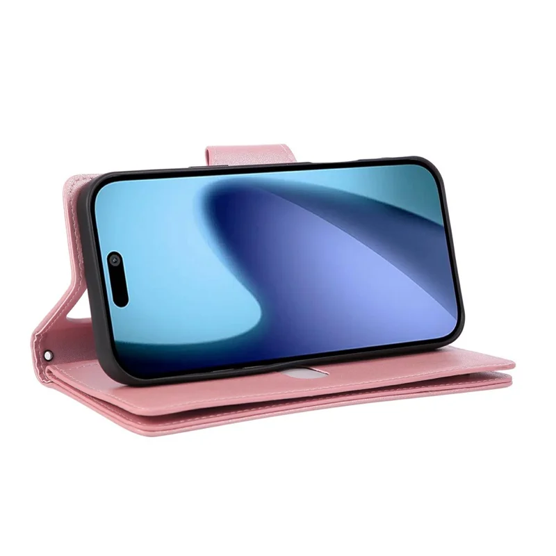For iPhone 18 Pro Max / 17 Pro Max Case Zipper Wallet Rivet Decor Leather Phone Cover with Wrist Strap - Rose Gold