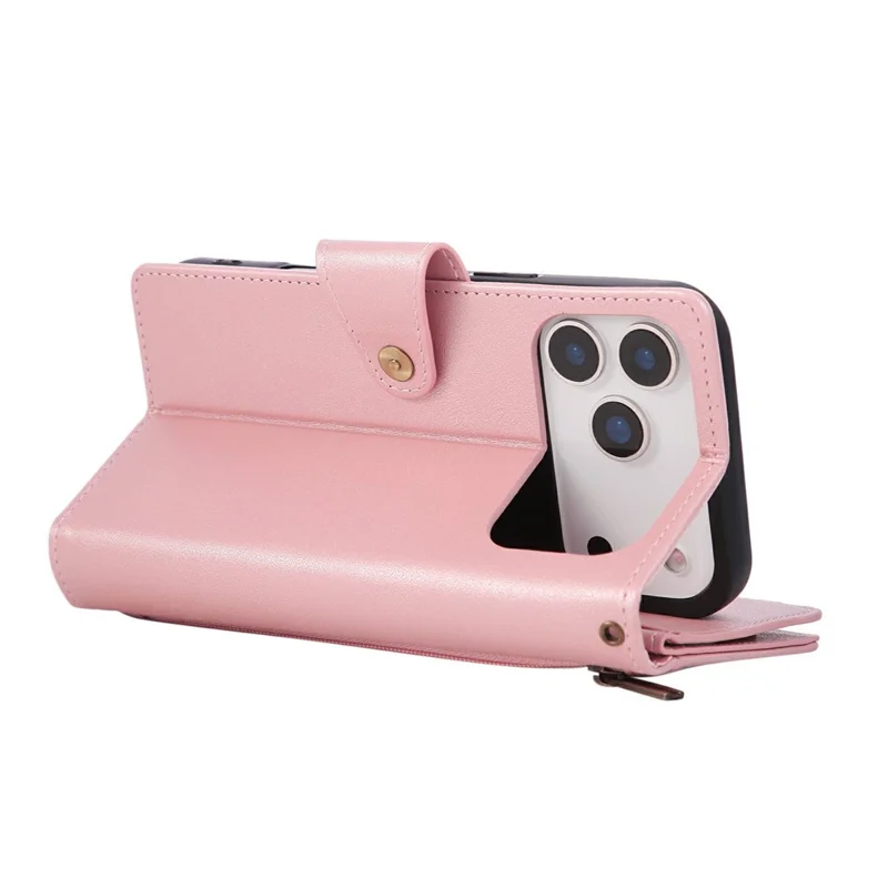 For iPhone 18 Pro Max / 17 Pro Max Case Zipper Wallet Rivet Decor Leather Phone Cover with Wrist Strap - Rose Gold