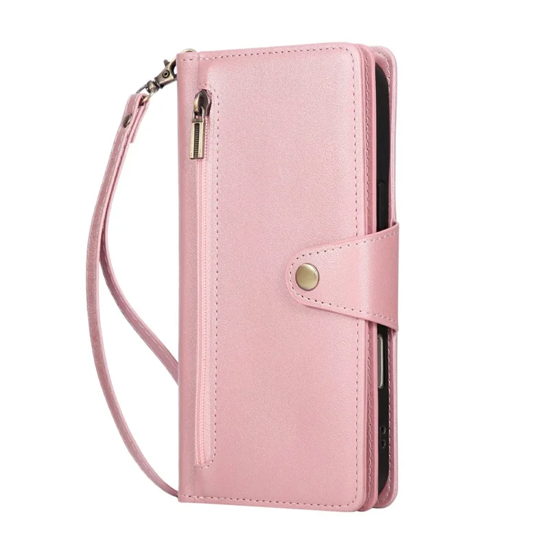 For iPhone 18 Pro Max / 17 Pro Max Case Zipper Wallet Rivet Decor Leather Phone Cover with Wrist Strap - Rose Gold