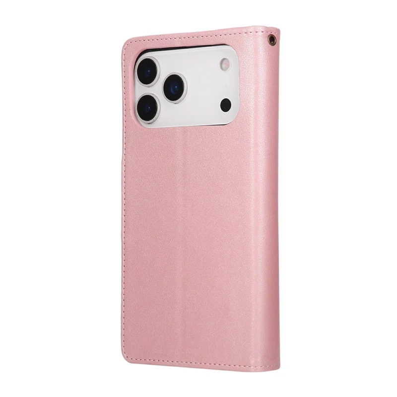 For iPhone 18 Pro Max / 17 Pro Max Case Zipper Wallet Rivet Decor Leather Phone Cover with Wrist Strap - Rose Gold