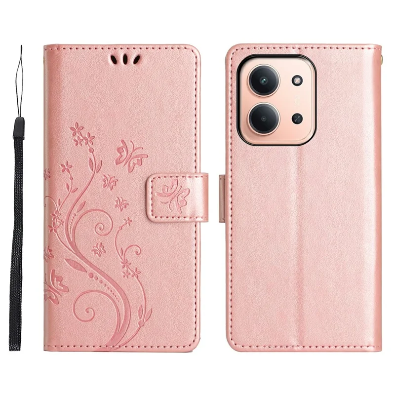 Para Xiaomi Redmi 15C 4G (171mm) Capa Carteira de Couro com Borboleta e Flor Impressa com Alça - Dourado Rosado