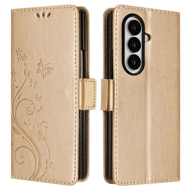 Per Samsung Galaxy Z Fold7 5G Cover a Portafoglio in Pelle con Stampa di Farfalla e Fiori, con Cinturino - Oro
