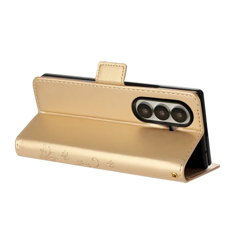 Per Samsung Galaxy Z Fold7 5G Cover a Portafoglio in Pelle con Stampa di Farfalla e Fiori, con Cinturino - Oro