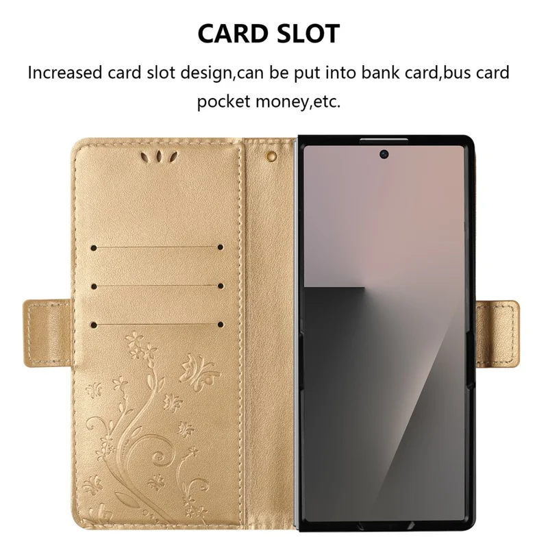 Per Samsung Galaxy Z Fold7 5G Cover a Portafoglio in Pelle con Stampa di Farfalla e Fiori, con Cinturino - Oro