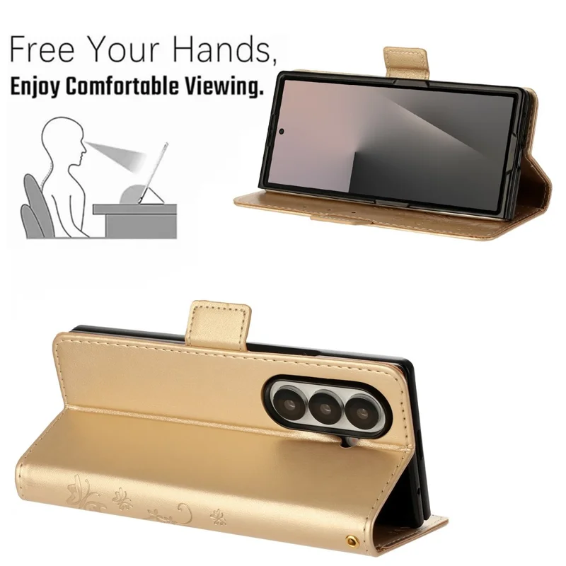Per Samsung Galaxy Z Fold7 5G Cover a Portafoglio in Pelle con Stampa di Farfalla e Fiori, con Cinturino - Oro