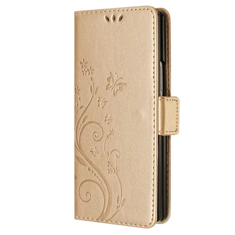 Per Samsung Galaxy Z Fold7 5G Cover a Portafoglio in Pelle con Stampa di Farfalla e Fiori, con Cinturino - Oro