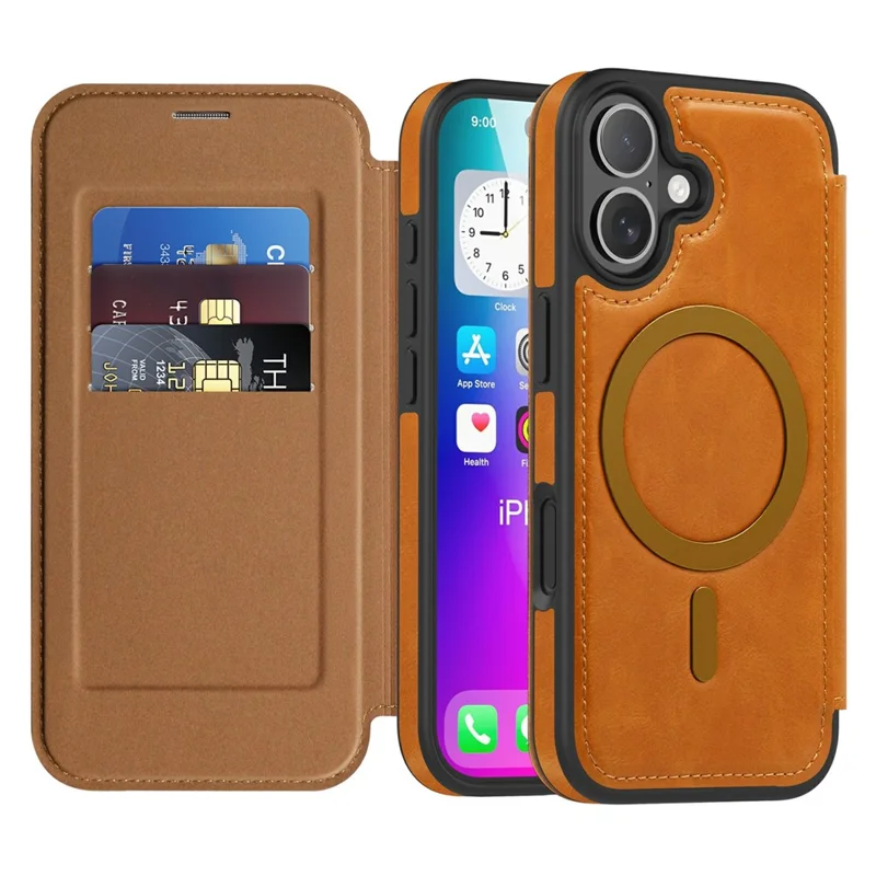 Funda para iPhone 17 compatible con MagSafe Titular de tarjeta con bloqueo RFID Cubierta de teléfono de cuero - Marrón