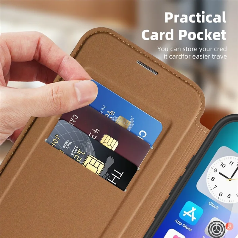 Funda para iPhone 17 compatible con MagSafe Titular de tarjeta con bloqueo RFID Cubierta de teléfono de cuero - Marrón