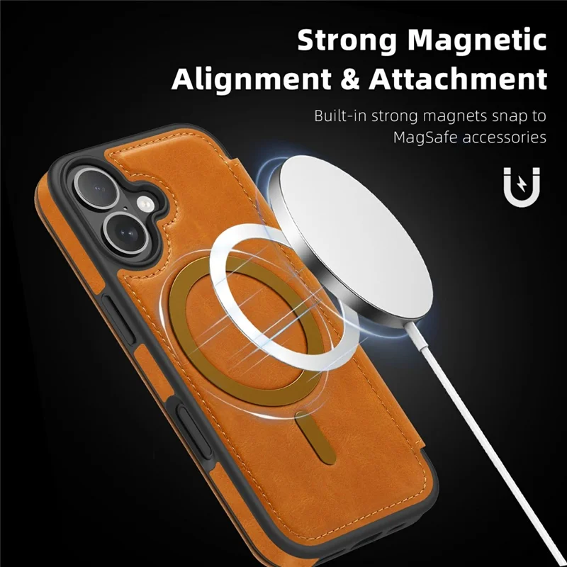 Funda para iPhone 17 compatible con MagSafe Titular de tarjeta con bloqueo RFID Cubierta de teléfono de cuero - Marrón