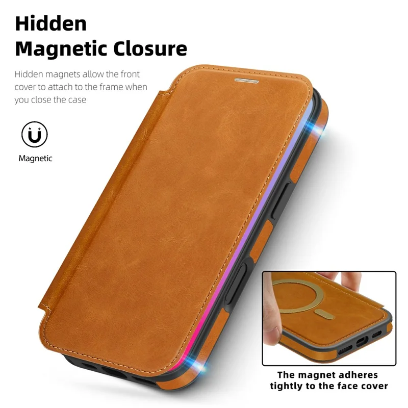 Funda para iPhone 17 compatible con MagSafe Titular de tarjeta con bloqueo RFID Cubierta de teléfono de cuero - Marrón
