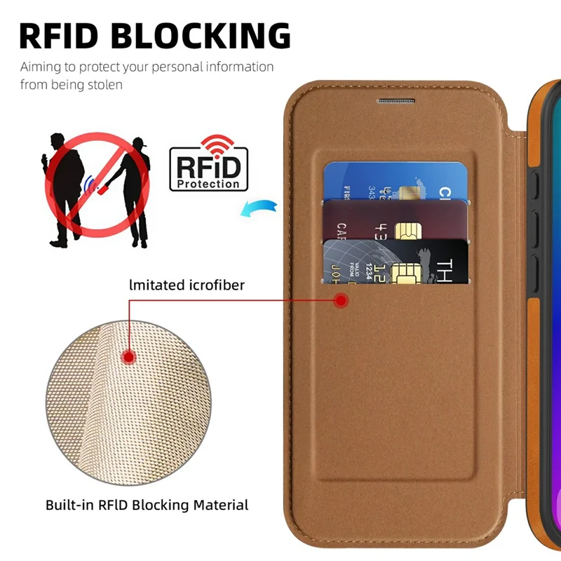 Funda para iPhone 17 compatible con MagSafe Titular de tarjeta con bloqueo RFID Cubierta de teléfono de cuero - Marrón