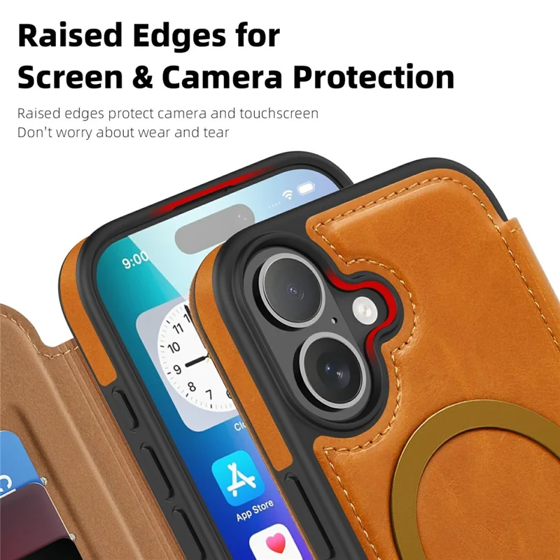Funda para iPhone 17 compatible con MagSafe Titular de tarjeta con bloqueo RFID Cubierta de teléfono de cuero - Marrón