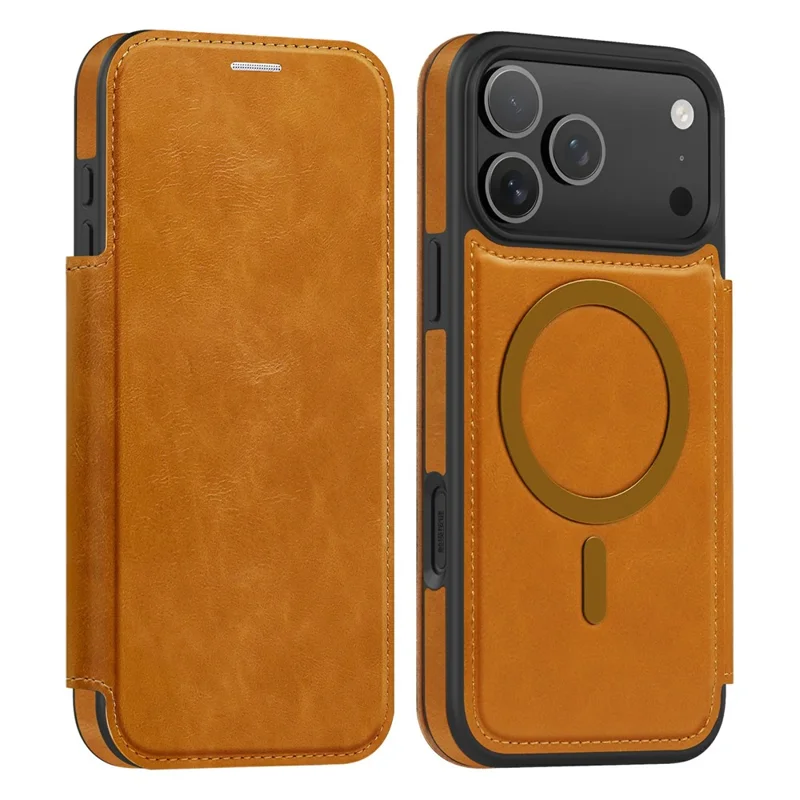 Capa para iPhone 17 Pro Compatível com MagSafe Carteira Bloqueadora RFID Capa de Telefone de Couro - Marrom