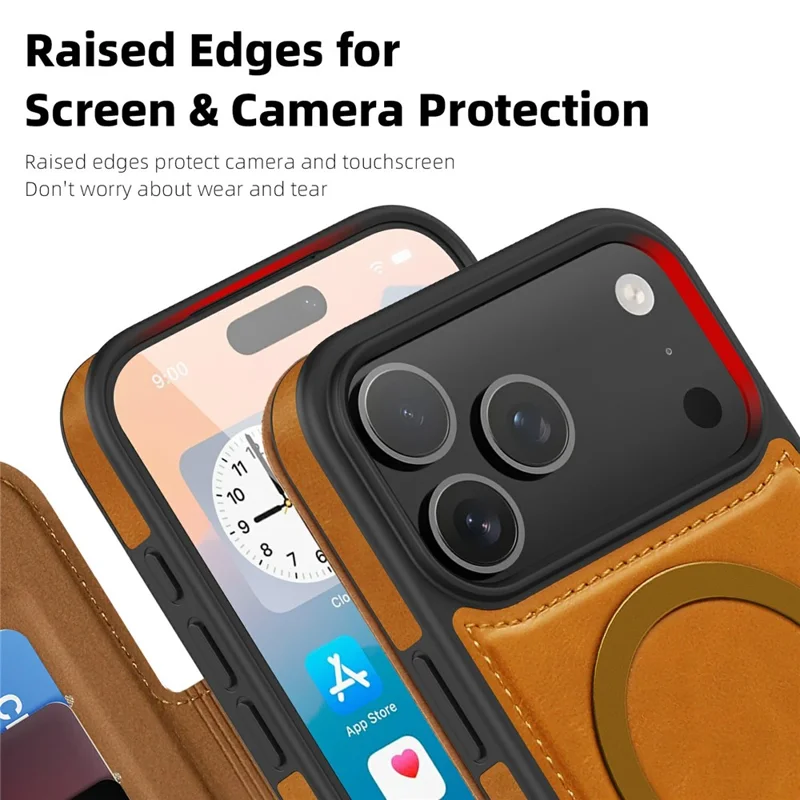 Capa para iPhone 17 Pro Compatível com MagSafe Carteira Bloqueadora RFID Capa de Telefone de Couro - Marrom