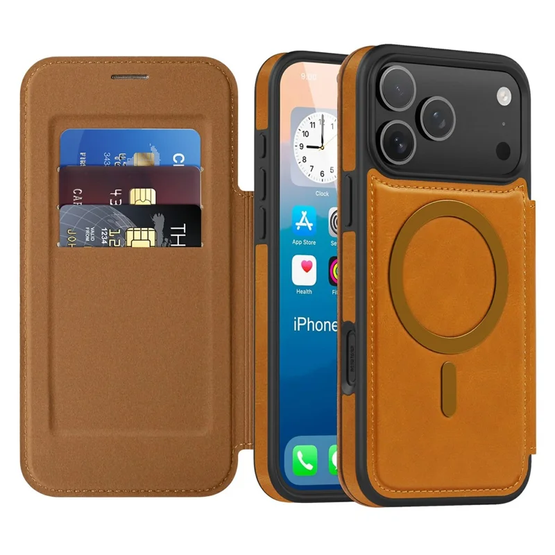 For iPhone 17 Pro Max Case Compatible with MagSafe RFID Blocking Card Holder Leather Phone Cover - Brown