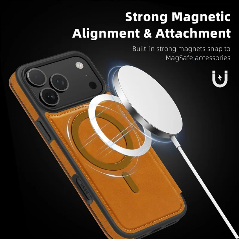 For iPhone 17 Pro Max Case Compatible with MagSafe RFID Blocking Card Holder Leather Phone Cover - Brown