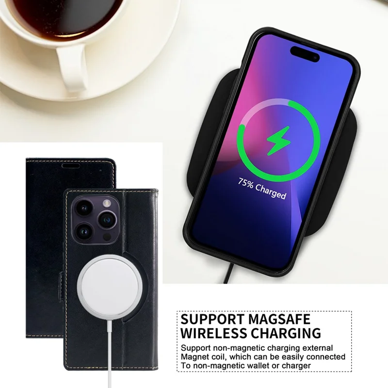 Til iPhone 15 Pro Case Kompatibel med MagSafe Wallet Stålederlukker Flip Case - Sort