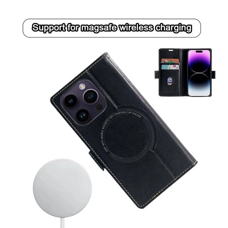 Til iPhone 15 Pro Case Kompatibel med MagSafe Wallet Stålederlukker Flip Case - Sort
