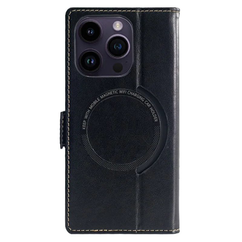 Til iPhone 15 Pro Case Kompatibel med MagSafe Wallet Stålederlukker Flip Case - Sort