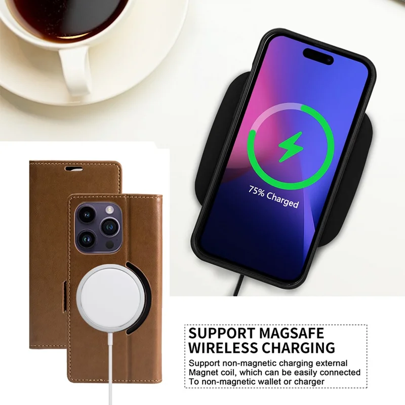 Til iPhone 15 Pro Max Case Kompatibel med MagSafe Wallet Stand Læder Flip Telefonbeskyttelse - Mørk Brun