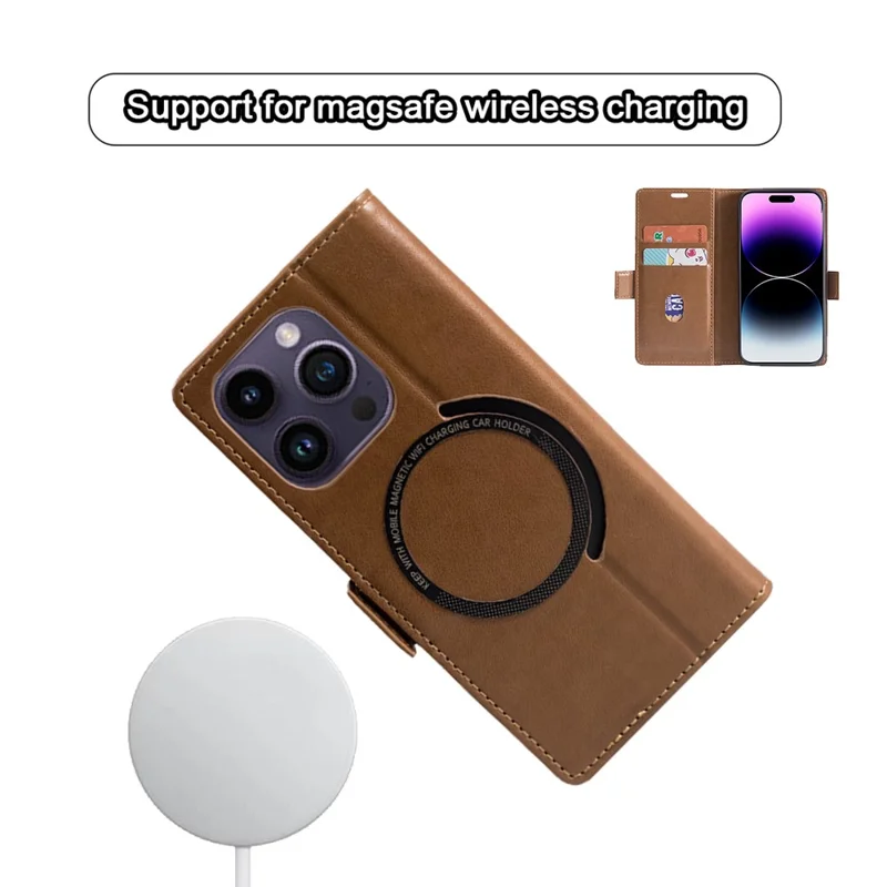 Til iPhone 15 Pro Max Case Kompatibel med MagSafe Wallet Stand Læder Flip Telefonbeskyttelse - Mørk Brun