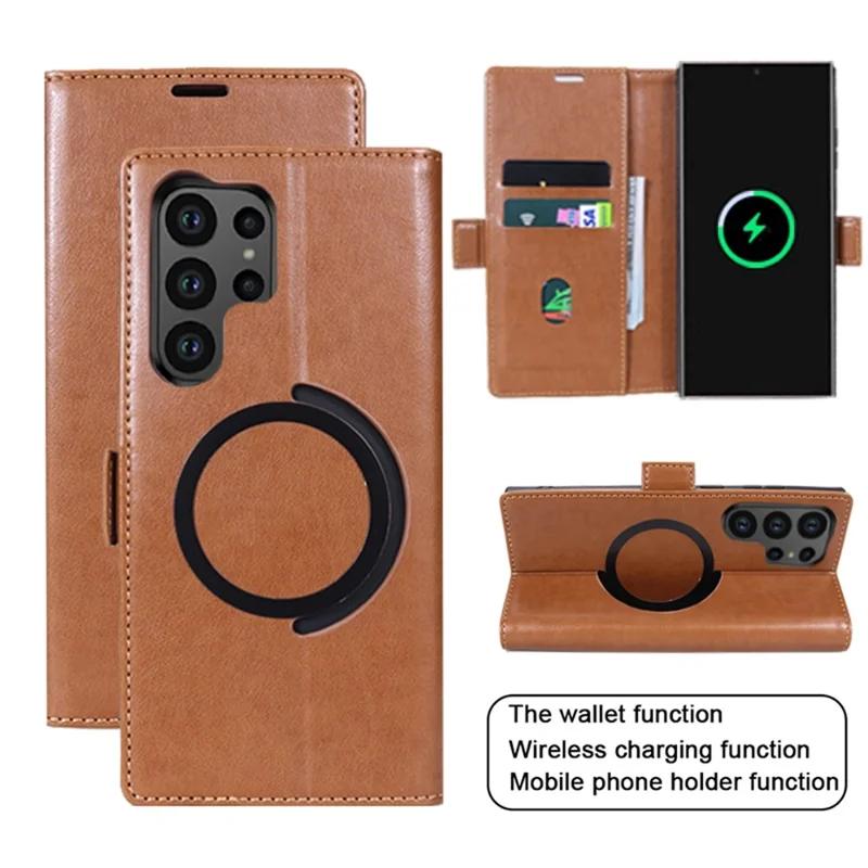 Til Samsung Galaxy S25 Ultra Case Kompatibel med MagSafe Wallet Stand Læder Flip Telefonbeskyttelse - Mørk Brun