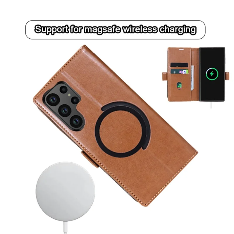 Til Samsung Galaxy S25 Ultra Case Kompatibel med MagSafe Wallet Stand Læder Flip Telefonbeskyttelse - Mørk Brun