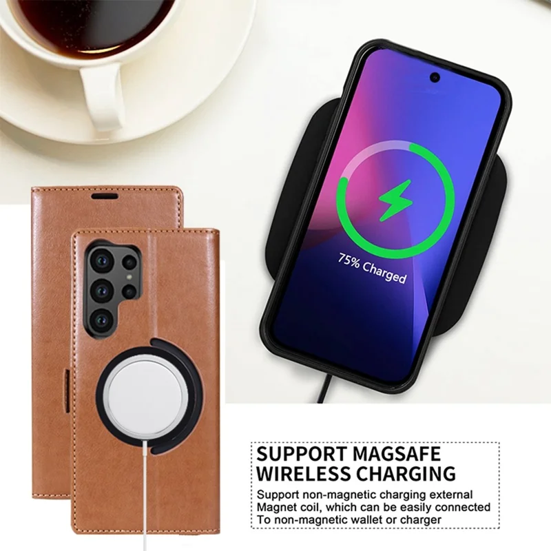 Til Samsung Galaxy S25 Ultra Case Kompatibel med MagSafe Wallet Stand Læder Flip Telefonbeskyttelse - Mørk Brun