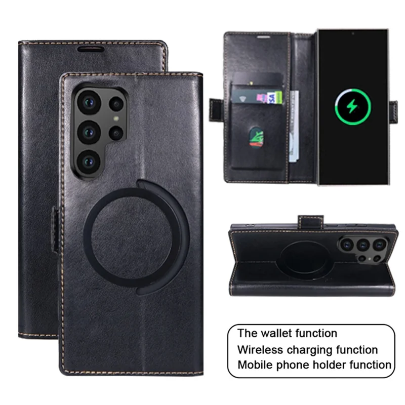 For Samsung Galaxy S24 Ultra Case Compatible with MagSafe Wallet Stand Leather Flip Phone Cover - Black