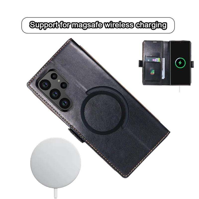 For Samsung Galaxy S24 Ultra Case Compatible with MagSafe Wallet Stand Leather Flip Phone Cover - Black
