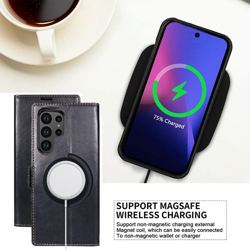 For Samsung Galaxy S24 Ultra Case Compatible with MagSafe Wallet Stand Leather Flip Phone Cover - Black
