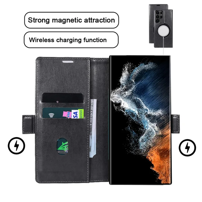 For Samsung Galaxy S23 Ultra Magnetic Case Wallet Stand Leather Flip Phone Cover - Black