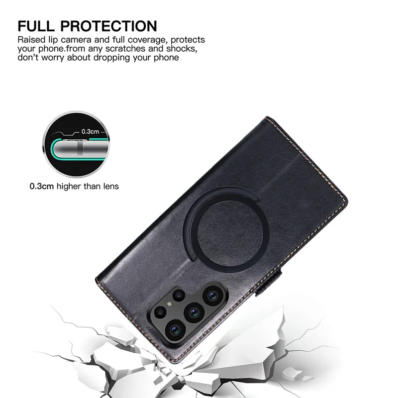 For Samsung Galaxy S23 Ultra Magnetic Case Wallet Stand Leather Flip Phone Cover - Black