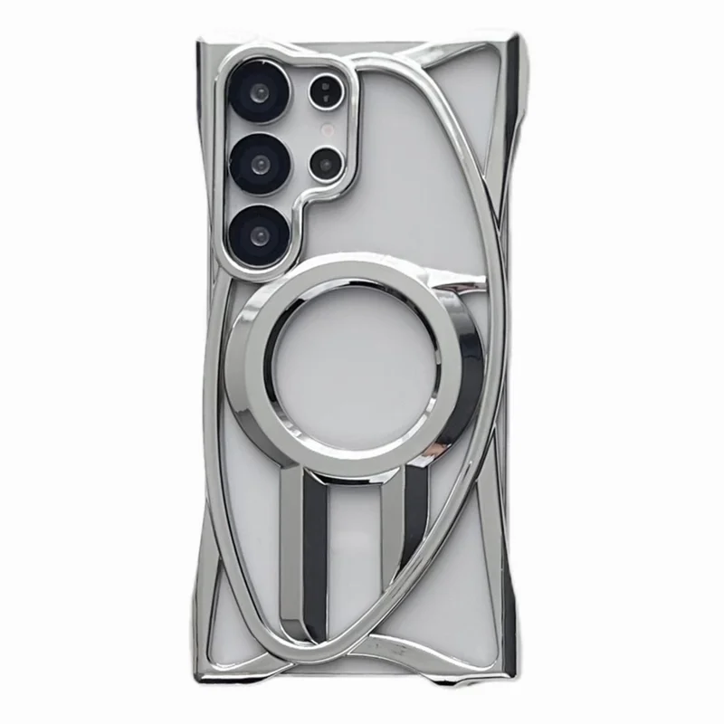 Voor Samsung Galaxy S24 Ultra Hoesje Compatibel met MagSafe Randloze Gegalvaniseerde Holle Ontwerp TPU Telefoonhoes - Zilver