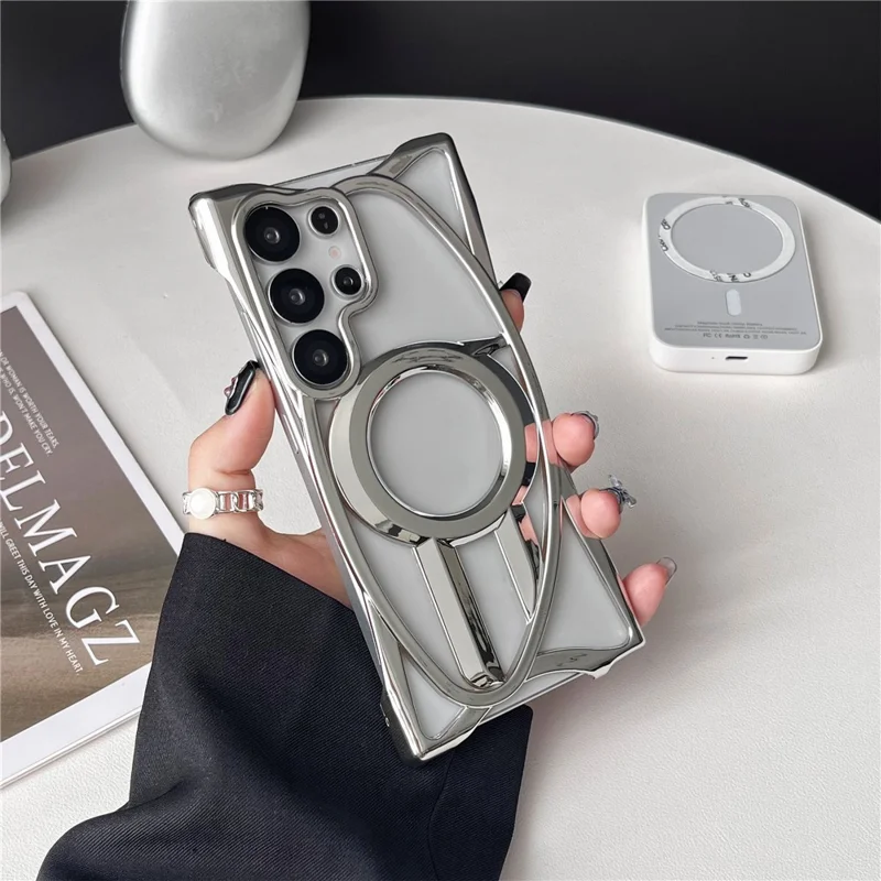 Voor Samsung Galaxy S24 Ultra Hoesje Compatibel met MagSafe Randloze Gegalvaniseerde Holle Ontwerp TPU Telefoonhoes - Zilver