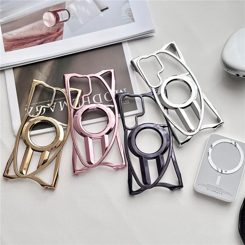 Voor Samsung Galaxy S24 Ultra Hoesje Compatibel met MagSafe Randloze Gegalvaniseerde Holle Ontwerp TPU Telefoonhoes - Zilver
