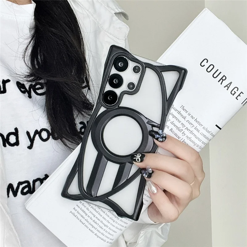 For Samsung Galaxy S25 Ultra Matte Magnetic Case Frameless Electroplated Hollow Design TPU Phone Cover - Black