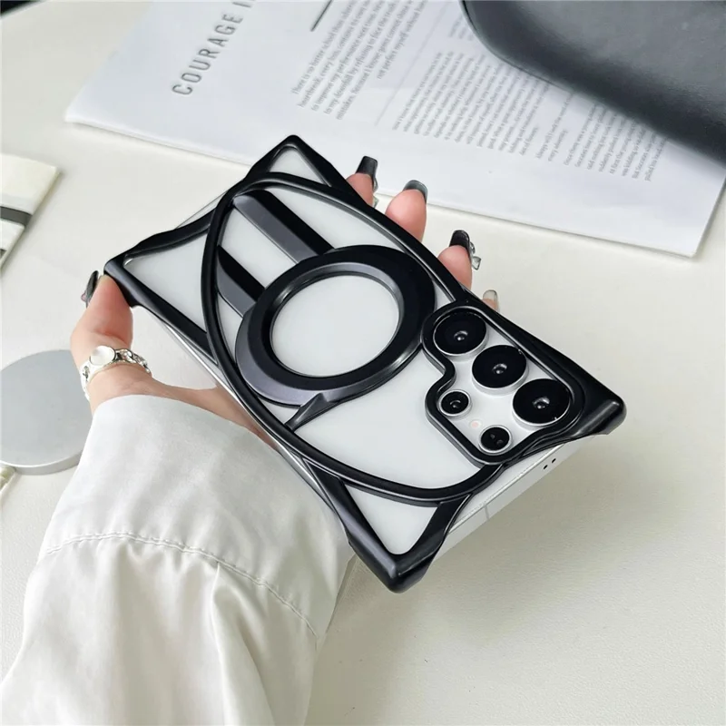 For Samsung Galaxy S25 Ultra Matte Magnetic Case Frameless Electroplated Hollow Design TPU Phone Cover - Black