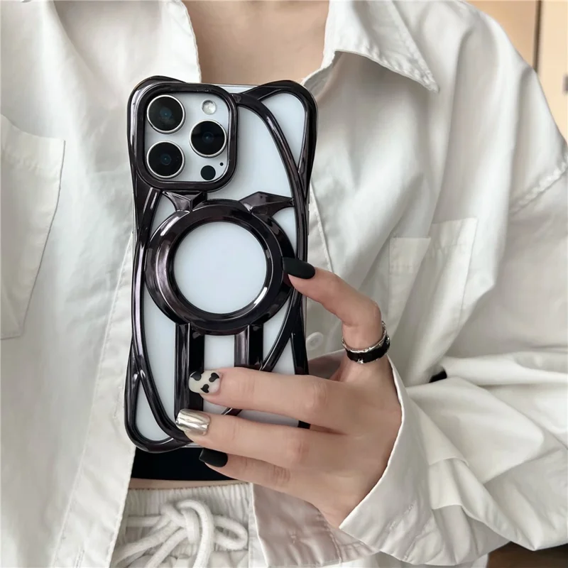 For iPhone 16 Pro Case Compatible with MagSafe Frameless Electroplated Hollow Design TPU Phone Cover - Black