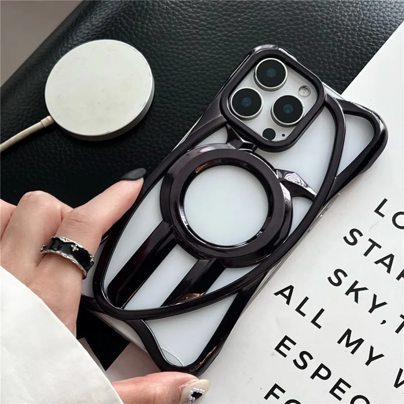For iPhone 16 Pro Case Compatible with MagSafe Frameless Electroplated Hollow Design TPU Phone Cover - Black