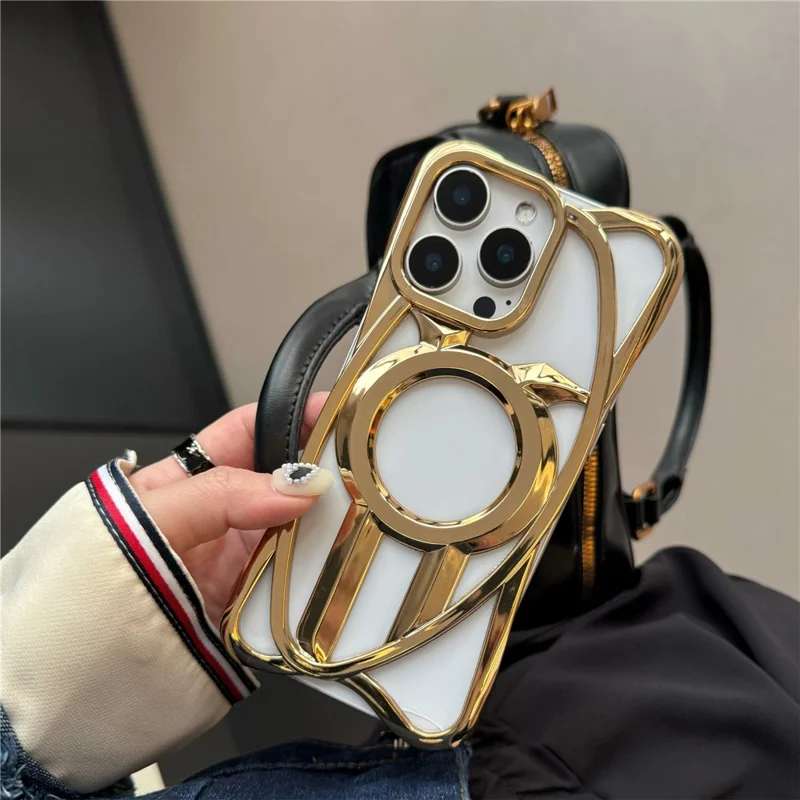 For iPhone 16 Pro Max Case Compatible with MagSafe Frameless Electroplated Hollow Design TPU Phone Cover - Desert Gold