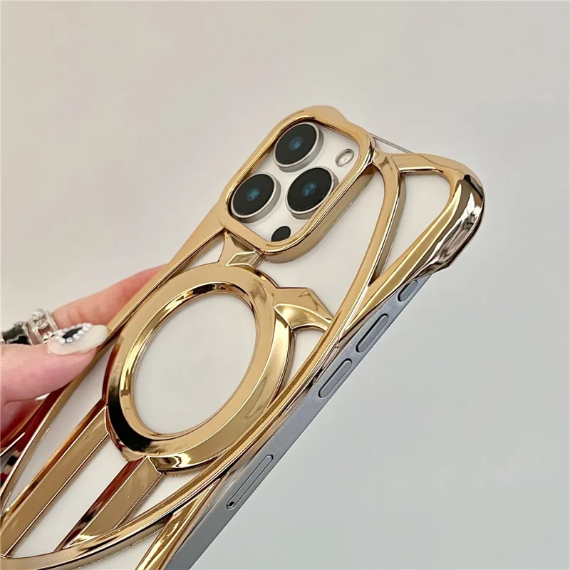 For iPhone 16 Pro Max Case Compatible with MagSafe Frameless Electroplated Hollow Design TPU Phone Cover - Desert Gold