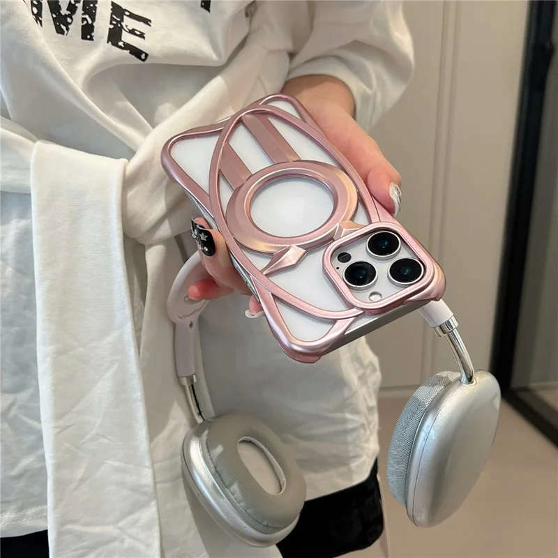 For iPhone 16 Pro Matte Case Compatible with MagSafe Frameless Electroplated Hollow Design TPU Phone Cover - Pink