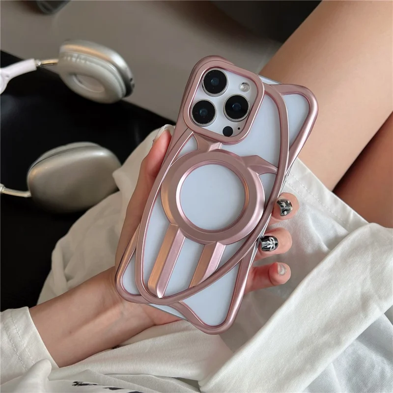 For iPhone 16 Pro Matte Case Compatible with MagSafe Frameless Electroplated Hollow Design TPU Phone Cover - Pink